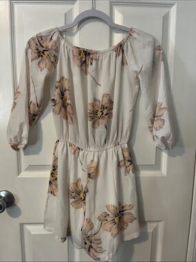 Off-Shoulder White Floral Romper with Peach Blooms